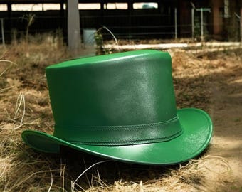 Handmade Green Leather Top Hat: Steampunk Gothic Victorian Style