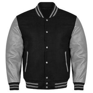 Letterman Baseball School College Varsity Bomber Jacket in Black Wool & Grey Cowhide Leather Sleeves
