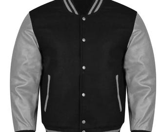 Letterman Baseball School College Varsity Bomber Jacket in Black Wool & Grey Cowhide Leather Sleeves