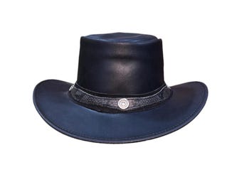 Black Leather Cowboy Hat: Western Wide Brim outback style