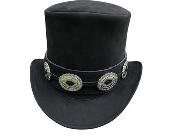 Black suede Leather Steampunk Top Hat: Gothic cosply Costume Victorian hat with silver conchos