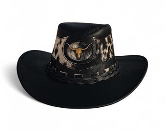 Sombrero vaquero de piel de vaca negra: sombrero de ala ancha estilo rodeo victoriano para cosplay.