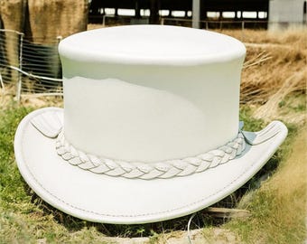 Handmade White Leather Top Hat: Steampunk Cosplay, Victorian Style