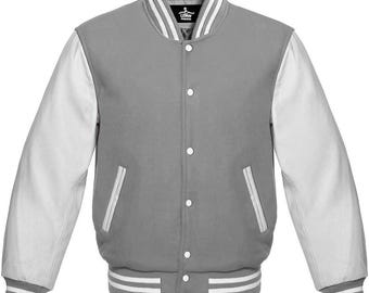 Wool Varsity Jacket, Gray Body, White Leather Sleeves
