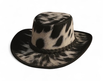 Cappello da cowboy in pelle di vacchetta nera: cappello da cosplay in stile western rodeo vittoriano con stampa di mucca e pelo sulla pelle