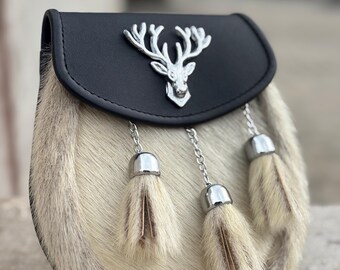 Skotsk Handgjord Stag Head Sporran Antique Leather White Fur 3 Tofsar Sporran