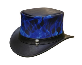 Black Leather Steampunk Flames skull Top Hat: cosplay Victorian Hat
