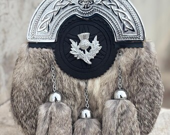 Scottish Antique Finish Handmade Brown Rabbit  Fur Thistle 3 tassels Sporran