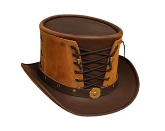 Rustique Brown Leather Steampunk cross laces Top Hat: Gothic Victorian cosplay Costume hat