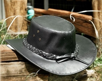 Handmade Black Leather Cowboy Hat Unisex Western Ranch Style