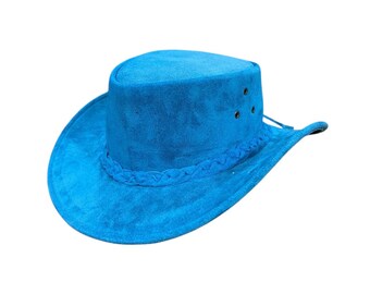 Teal suede Leather Cowboy Hat: Western Rodeo style Wide Brim