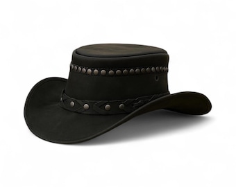 Handmade Black Leather Cowboy Hat: Unisex Western Ranch Victorian formal Style
