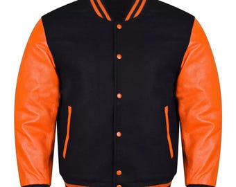 Letterman Baseball School College Varsity Bomber Jacket in Black Wool & orange Cowhide Leather Sleeves