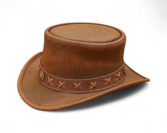 Steampunk Ranch Brown Leather Top Hat: Gothic Victorian formal x laces hat
