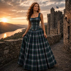 May include: A floor-length sleeveless dress featuring a dark green, blue, and white plaid tartan pattern. The bodice includes a structured corset-style front with a vertical row of small buttons, a square neckline, and a full, pleated skirt.