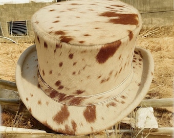 Hair on Hide Leather Steampunk Top Hat: cowhide cosplay formal costume hat