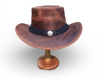 Brown Leather Cowboy Hat: Western wide brim outback style