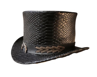 Steampunk Top Hat: Crocodile Embossed black Leather Costume hat