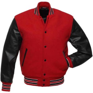 Letterman Baseball School College Varsity Bomber Jacket in Red Wool & Black Cowhide Leather Sleeves