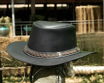 Handmade Black Leather Cowboy Hat Unisex Western Ranch Style