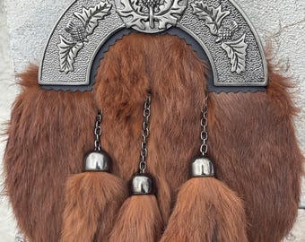 Men's Scottish Brown Fur Sporran 3 Tassels Kilt Sporran With Chain Belt