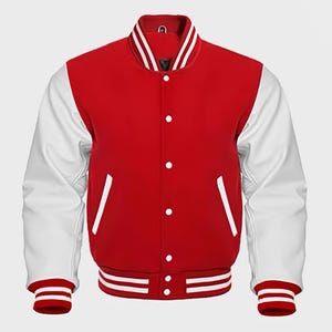 Letterman Baseball School College Varsity Bomber Jacket in Red Wool & White Cowhide Leather Sleeves