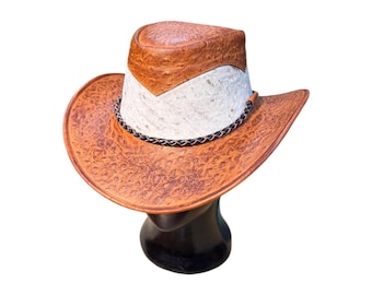 Cowboy Hat: Brown embossed Leather white cowhide Western Rodeo Style hat