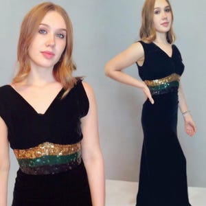 1930s Black Silk Velvet Art Deco Sequined Evening Gown - FREE SHIPPING IN U.S