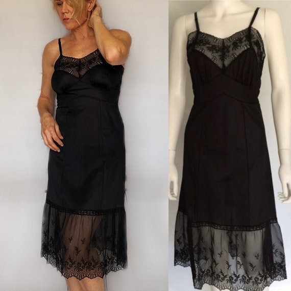 Gorgeous Vintage Full Black Nylon and Sheer Slip -