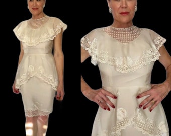 Vintage Silk Organza Wedding Dress, Embroidered Lace, Size Small