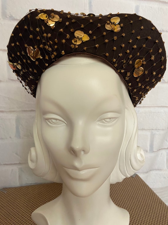 Vintage Brown and Gold Sequined Structured Hat - image 3