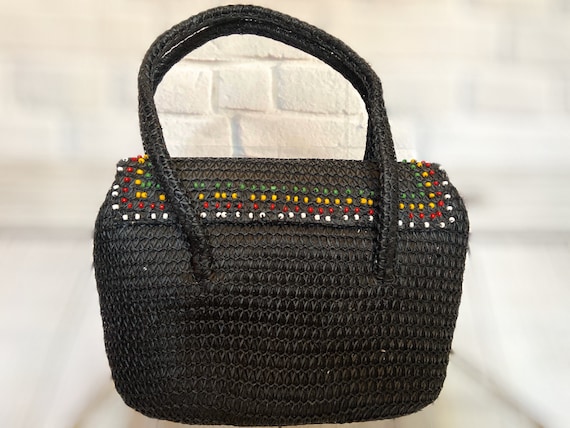 Vintage Black/Navy Italian Straw Handbag - Circa … - image 5
