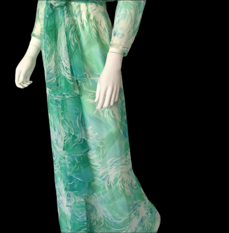 Vinyl Inspired Marine Green and Blue Swirl Maxi Dress Circa 1970s Boho Chic image 3