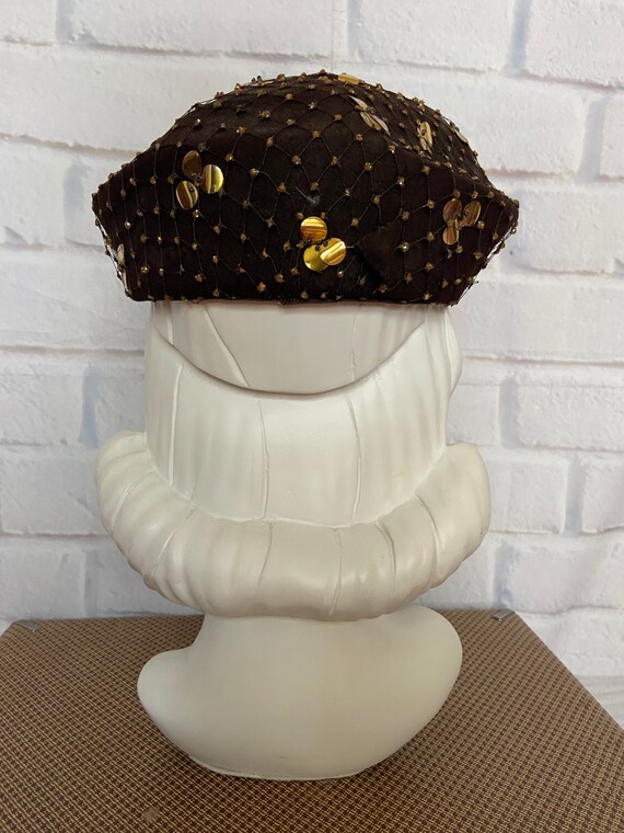 Vintage Brown and Gold Sequined Structured Hat - image 5