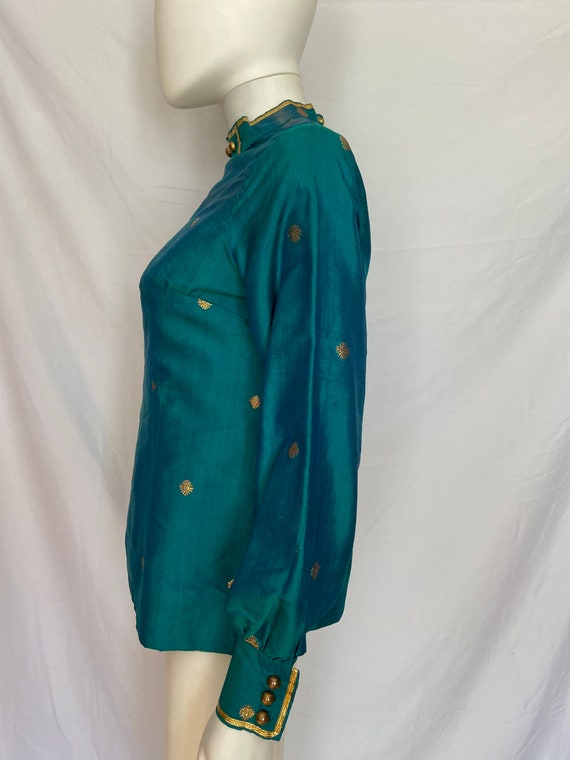 Vintage Iridescent Green and Gold Asian Top - image 5