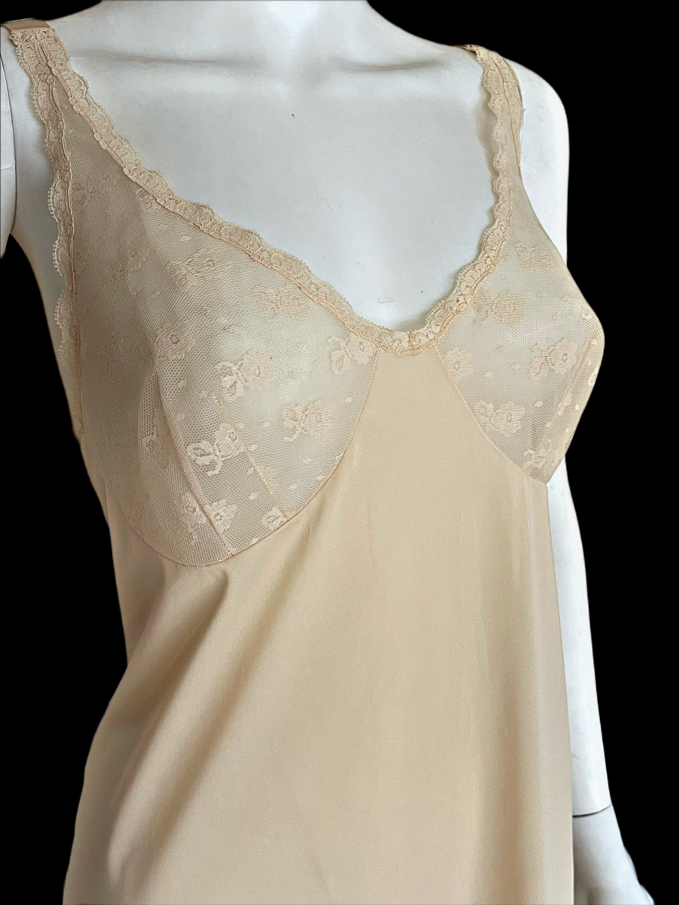 Sheer mesh nightgown slip with lace cups and scalloped hemline