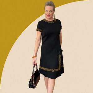 Mid Century Little Black Wool Dress with Gold Beading