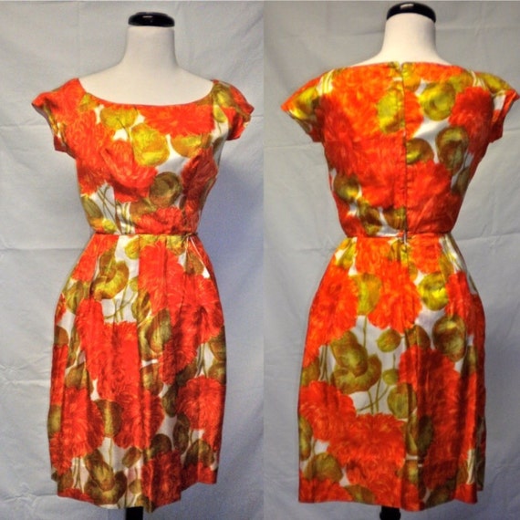 Mid Century Orange Floral Mad Men Silk Dress - Ora