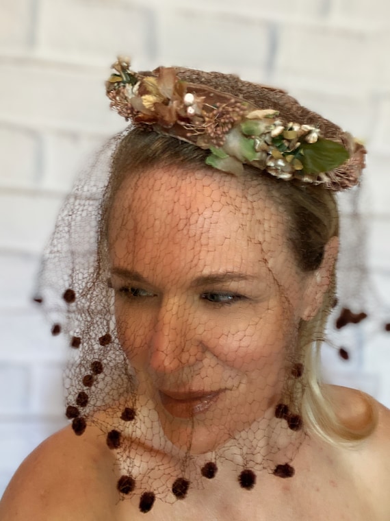 Rich Taupe Veiled Velvet Cocktail Hat - Mid Century - Etsy display picture 3
