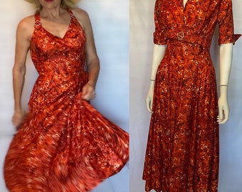 Mid Century Orange Floral Sundress and Jacket with Rhinestone Detail