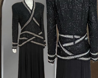 Vestido de noche vintage ultra glamuroso en negro y plata con cuentas