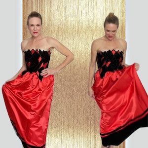 Stunning Vintage Coral Red Satin and Black Velvet Strapless Evening Gown