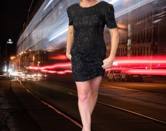 Vintage Black Silk Beaded Shift Dress