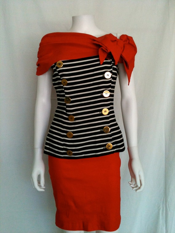 Vintage Black and White Striped REd Nautical Insp… - image 3