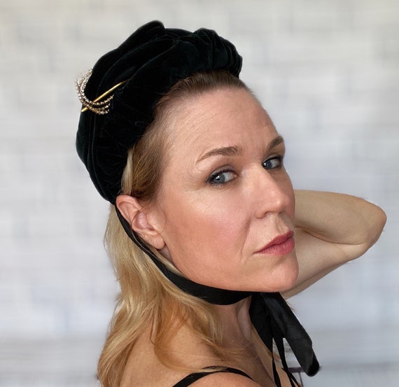 Victorian Black Velvet Bonnet with Silk Ribbons