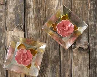 Very Sweet Reversed Carved Lucite Rose Screw-back Earrings