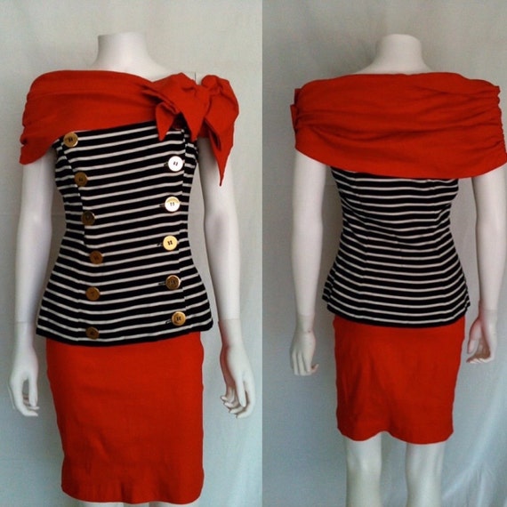 Vintage Black and White Striped REd Nautical Insp… - image 2