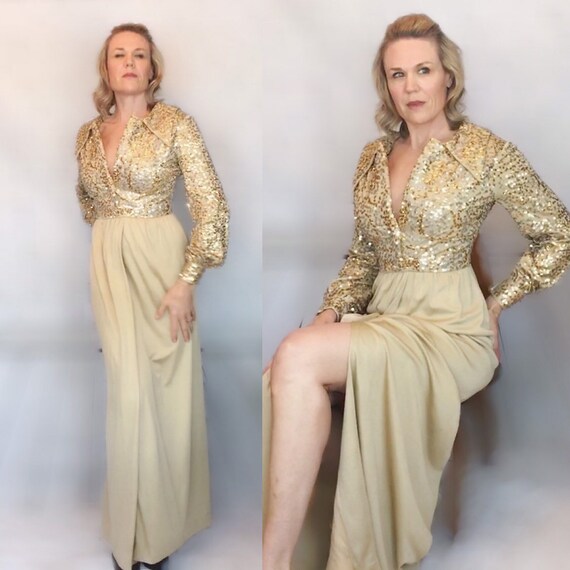 1970s Gold Spun Long Party Gown
