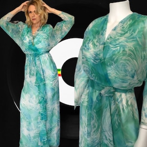 Vinyl Inspired Marine Green and Blue Swirl Maxi Dress Circa 1970s Boho Chic image 1