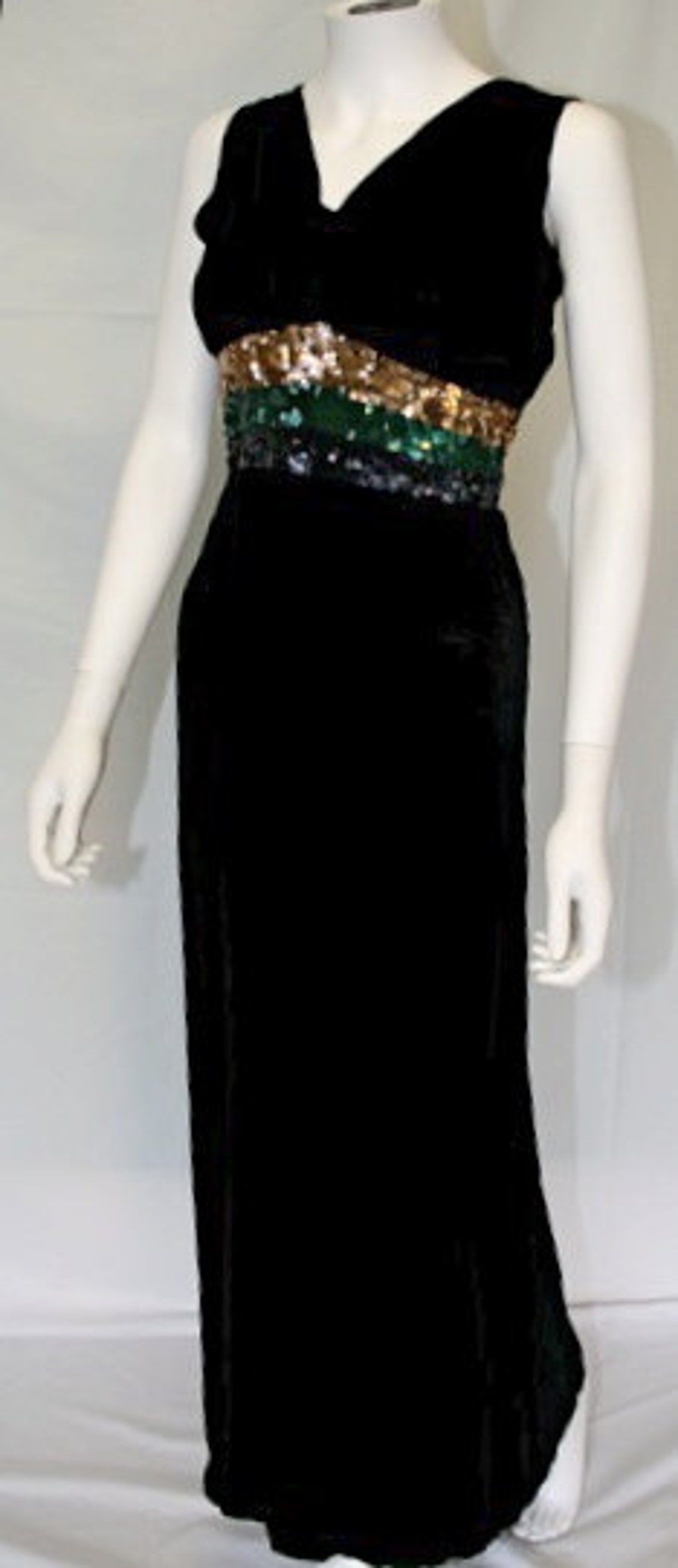 1930s Art Deco Black Silk Velvet Gown – Sequined Evening Dress, XS - Etsy